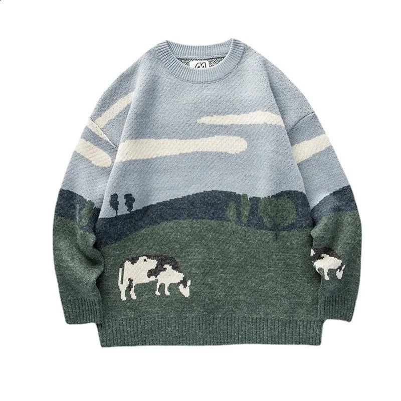 Men Hip Hop Pullovers Streetwear Harajuku Sweater Vintage Snow Mountain Knitted Sweater Winter Casual Pullover Knitwear Size XXL 240731