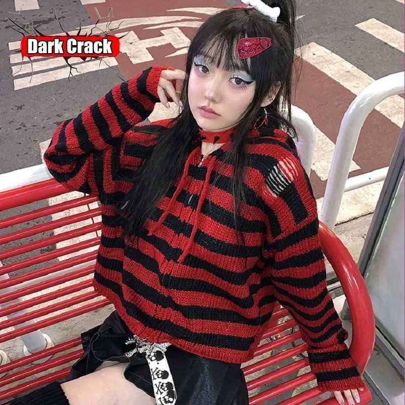 Multicolor striped knitted cardigan woman versatile gothic punk Harajuku y2k Spicy Girls subcultural millennium sweater 240731