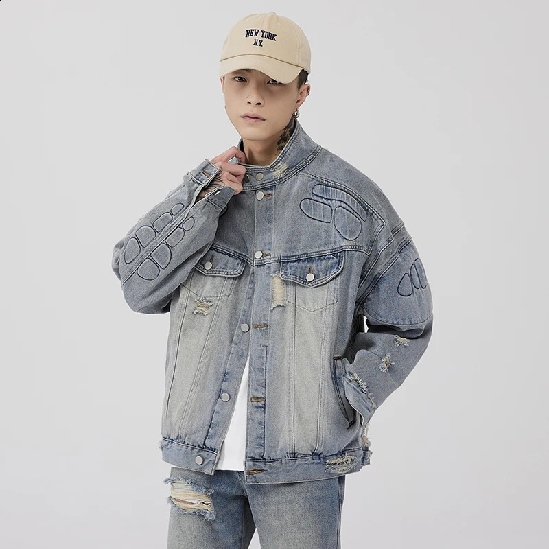 washed distressed denim jacket for men fashion trend label loose oversized American retro workwear casual hip-hop denim top 240816