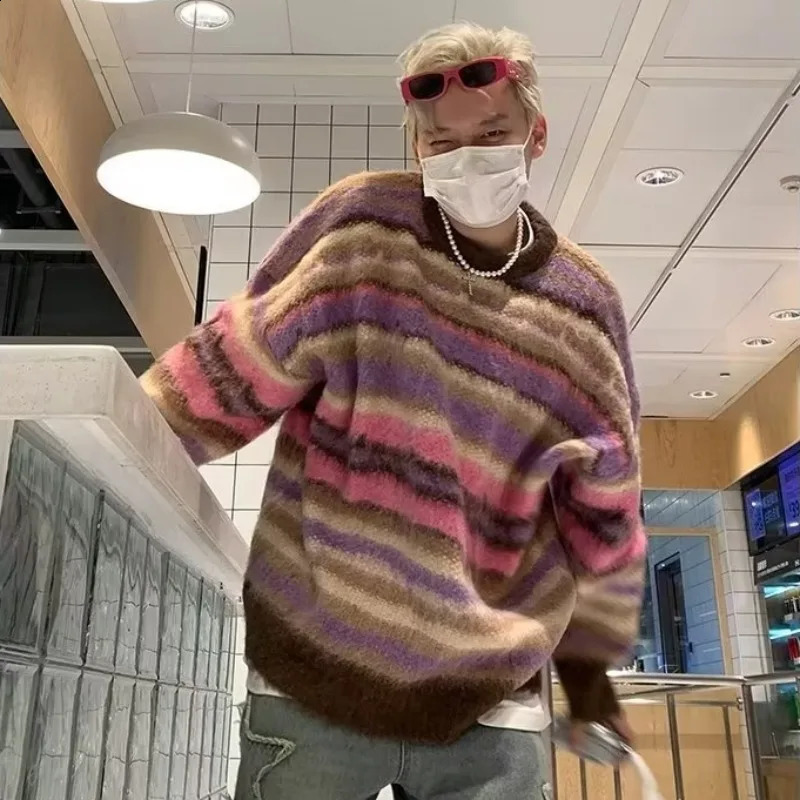 TINT ERA Striped Mens Knitted Sweater Men Top Harajuku Pullovers Sweaters and Jumpers Male Hip Hop Retro Japanese Streetwear 240821