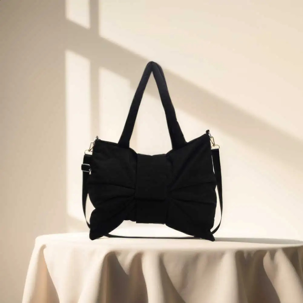 Women Bowknot Shaped Shoulder Bag Adjustable Strap Nylon Handbag Solid Color Large Capacity Satchel Purse for Travel Shopping 240731