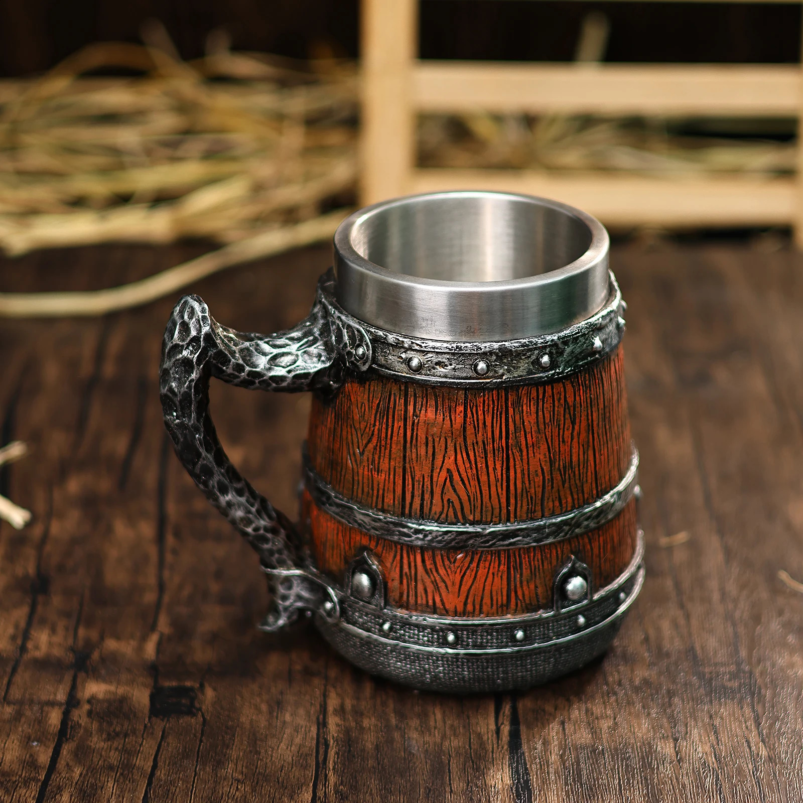 Medieval Stainless Steel Tankard Resin Retro Viking Beer Wooden Decoration Mug for Holiday Theme Party Friends Gift 240730