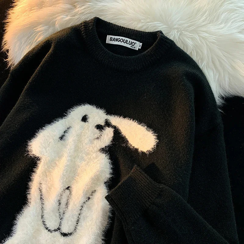 Winter Vintage Rabbit Flocking Sweater Loose Round Neck Long Sleeve Pullover Women Casual Fashion Sweet Sweater Streetwear Tops 240731