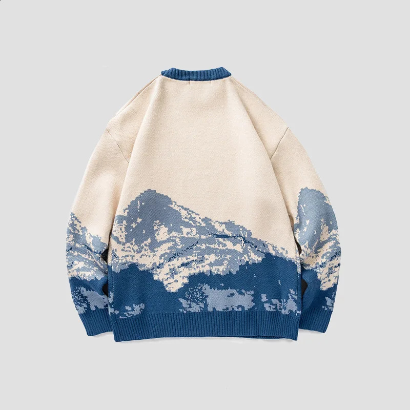 Men Hip Hop Pullovers Streetwear Harajuku Sweater Vintage Snow Mountain Knitted Sweater Winter Casual Pullover Knitwear Size XXL 240731