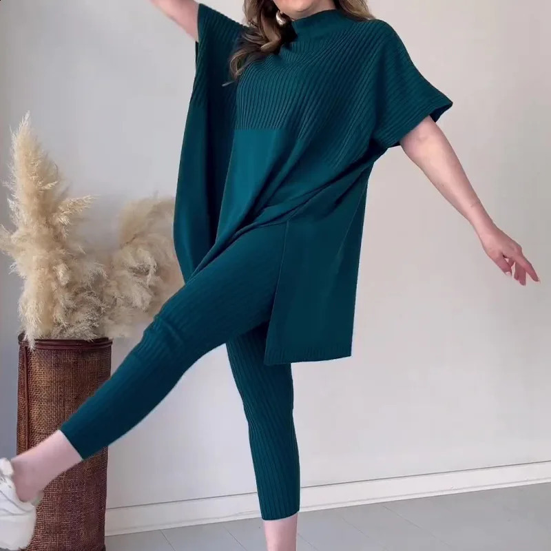 Plus-size Loose Knit Pant Sets Casual Two-piece Set Round Neck Bat Loose Tops and Knitted Trousers Lady Fashion Elegant Pullover 240813