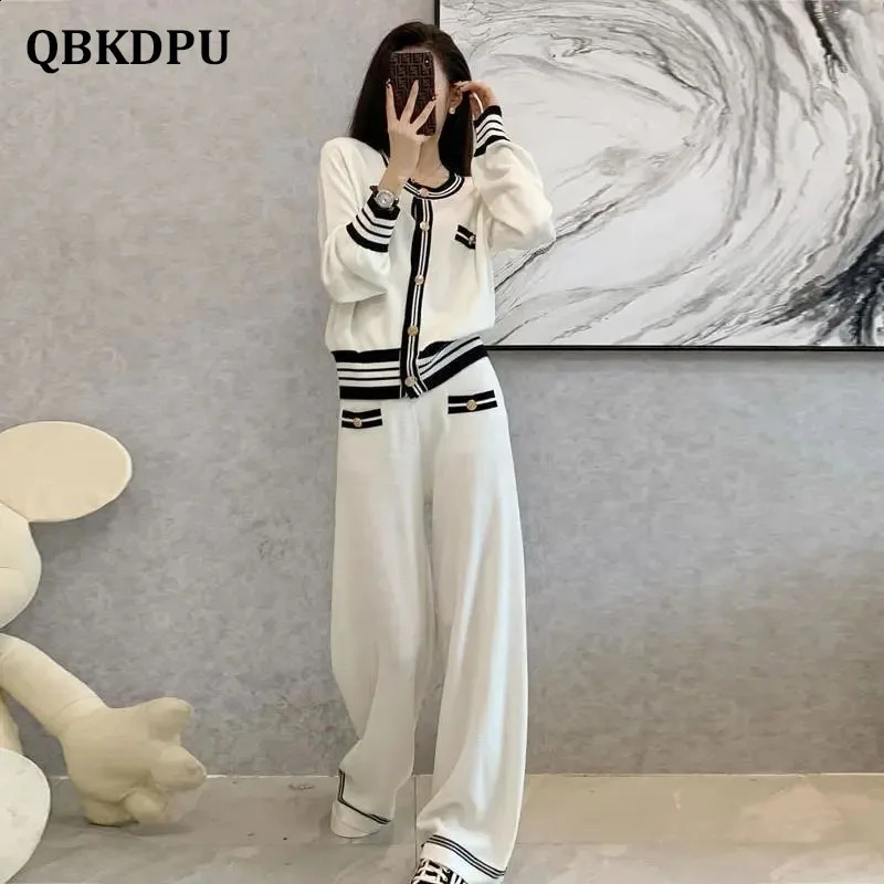 Korean Fashion Knitted Suit Women Outfits Chic 2 Piece Set Elegant Crew Neck Long Sleeve Sweater Cardigan And Wide Leg Pant Suit 240731