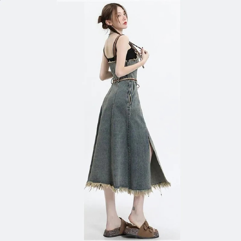 Autumn Vintage Denim Skirt Matching Set Womens Elegant Loose Hollow Knitted ShirtSexy Split Dress Two Piece Suit 240731