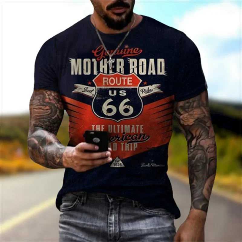 2024 Summer New Male T-Shirts Of Large Sizes Vintage Loose Clothing Short Fashion America Route 66 Printed Letters Men Tops TeeM240731