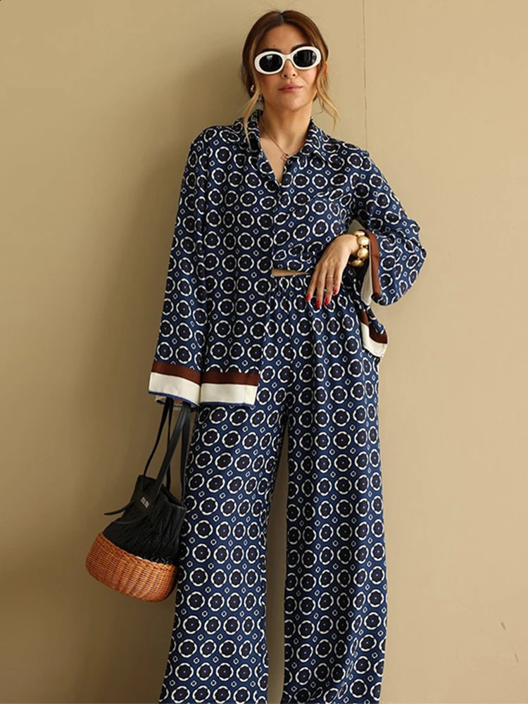 Printed Contrast Women Pant Sets Loose Full Sleeve Suit With Blouses Casual Wide Leg Outwear Pants Female Shirt 2 Pcs Set 240731
