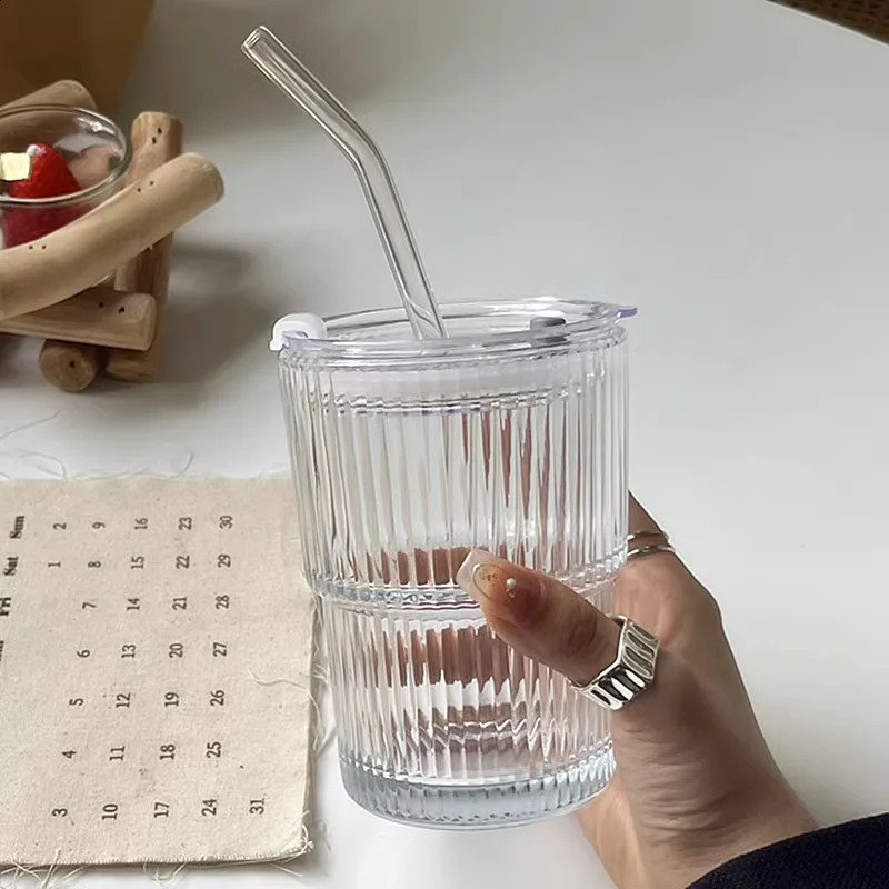 Vertical Stripes Ins Coffee Glass Lid Straw Water Cup Good-looking Ice American Latte Milk Cup Mugs Iced Coffee Cups 240730