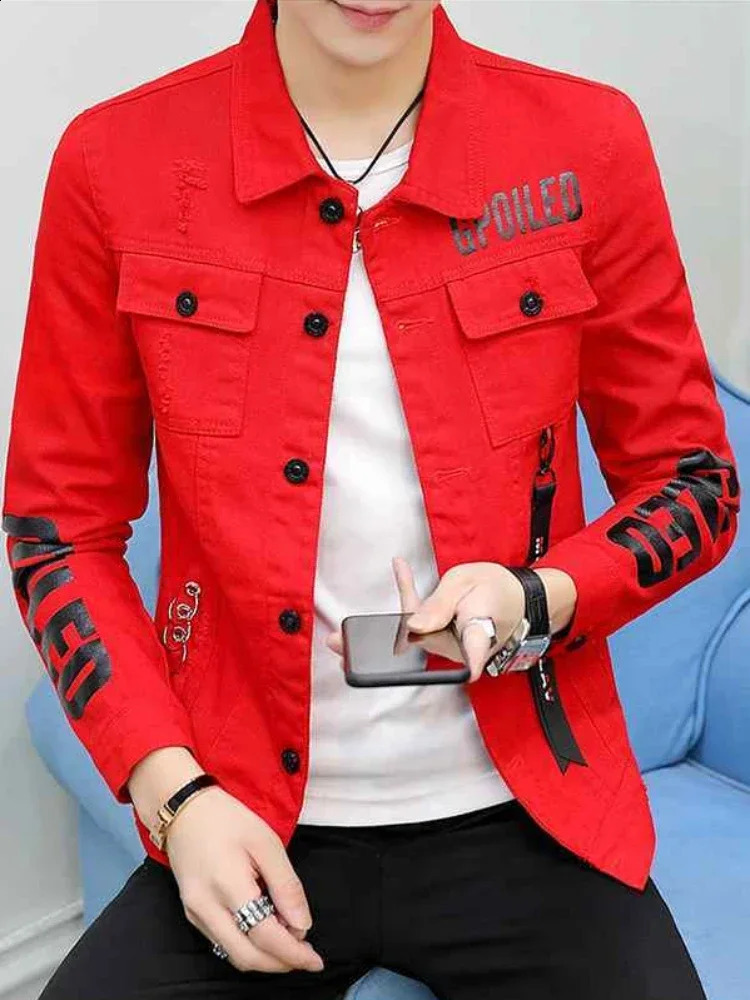 Denim Jackets Man Casual Slim Short Punk Red Jeans Coat for Men Rock in Lowest Price Low Cost Y2k Korean Clothes G 240816