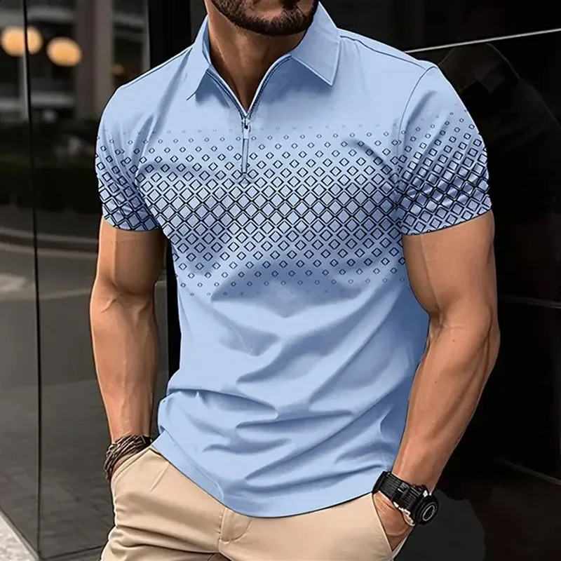Mens Summer Fashion Lapel Zipper Print ShortSleeved Polo Shirt Light Business Casual Daily Top 240807