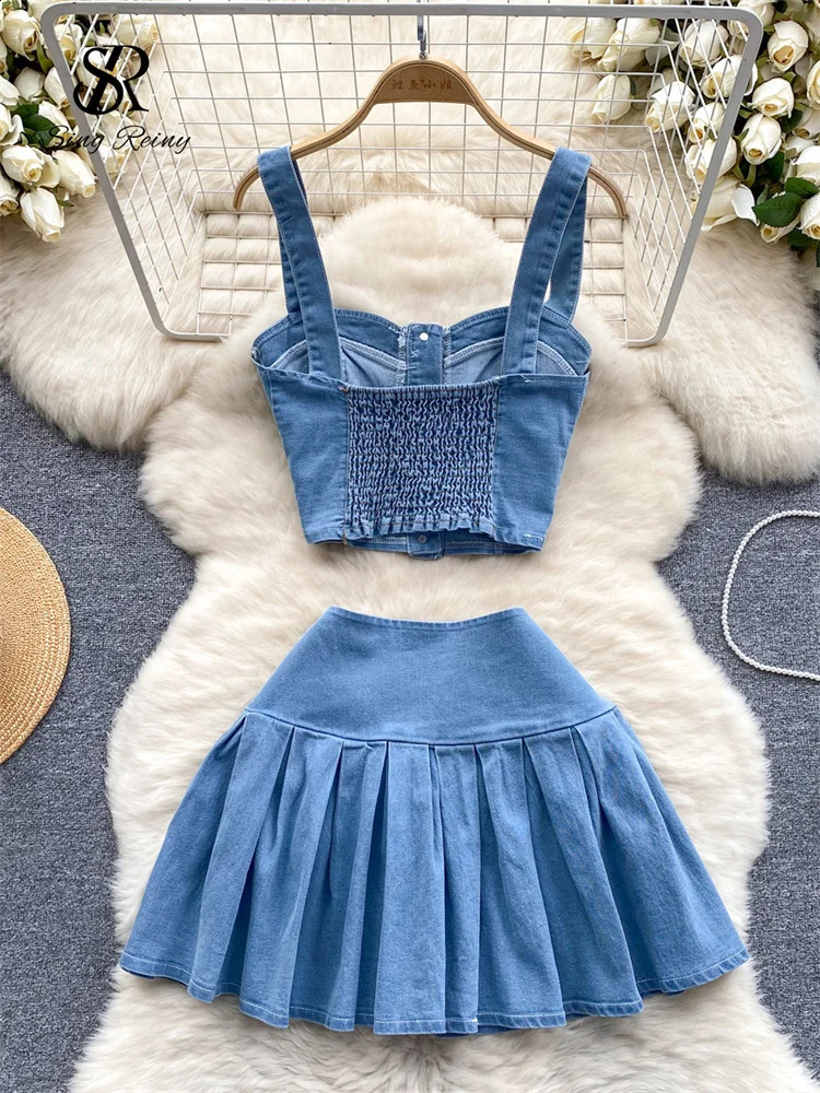 SINGREINY Female Chic Retro Suits Strap Button Elasticity Short TankPleated Mini Skirt Fashion sweet Denim Two Pieces Set 240812
