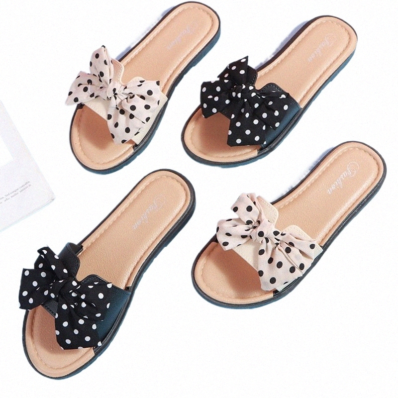 Women Slippers Female Summer New Wave Dot Bow Knot Flip Flops Ladies Indoor and Outdoor Wear Beach Fiable Sandals x6kE#