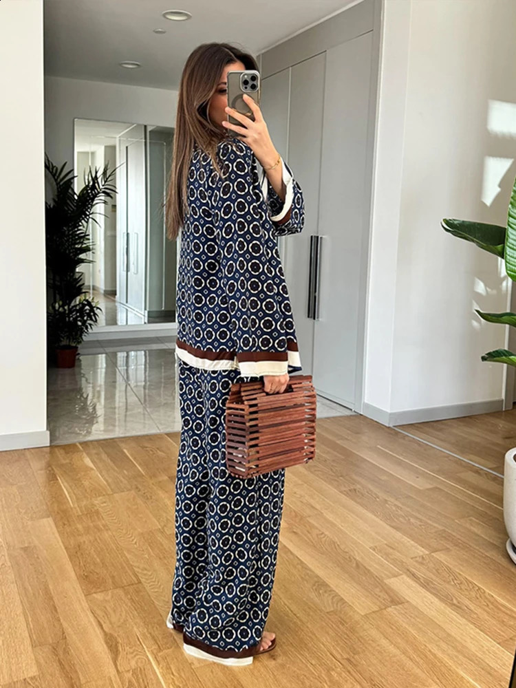 Printed Contrast Women Pant Sets Loose Full Sleeve Suit With Blouses Casual Wide Leg Outwear Pants Female Shirt 2 Pcs Set 240731