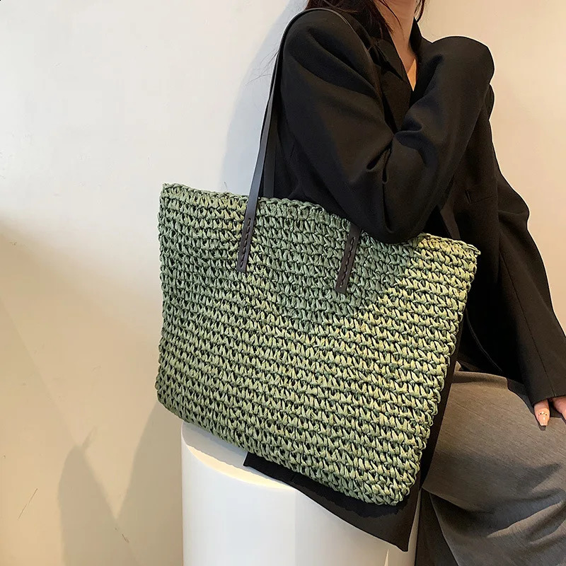 Women Handbag Summer Beach Bag Rattan Woven Handmade Knitted Straw Large Capacity Leather Shoulder Bohemia 240730