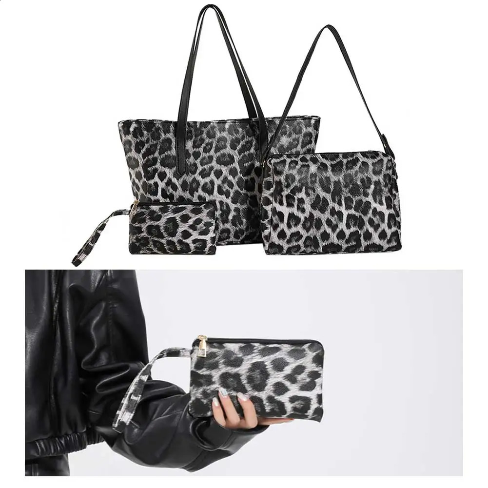 Women 3pcs PU Tote Bag Shoulder Bag Leopard Print Zipper Tote Wallet Set 240731
