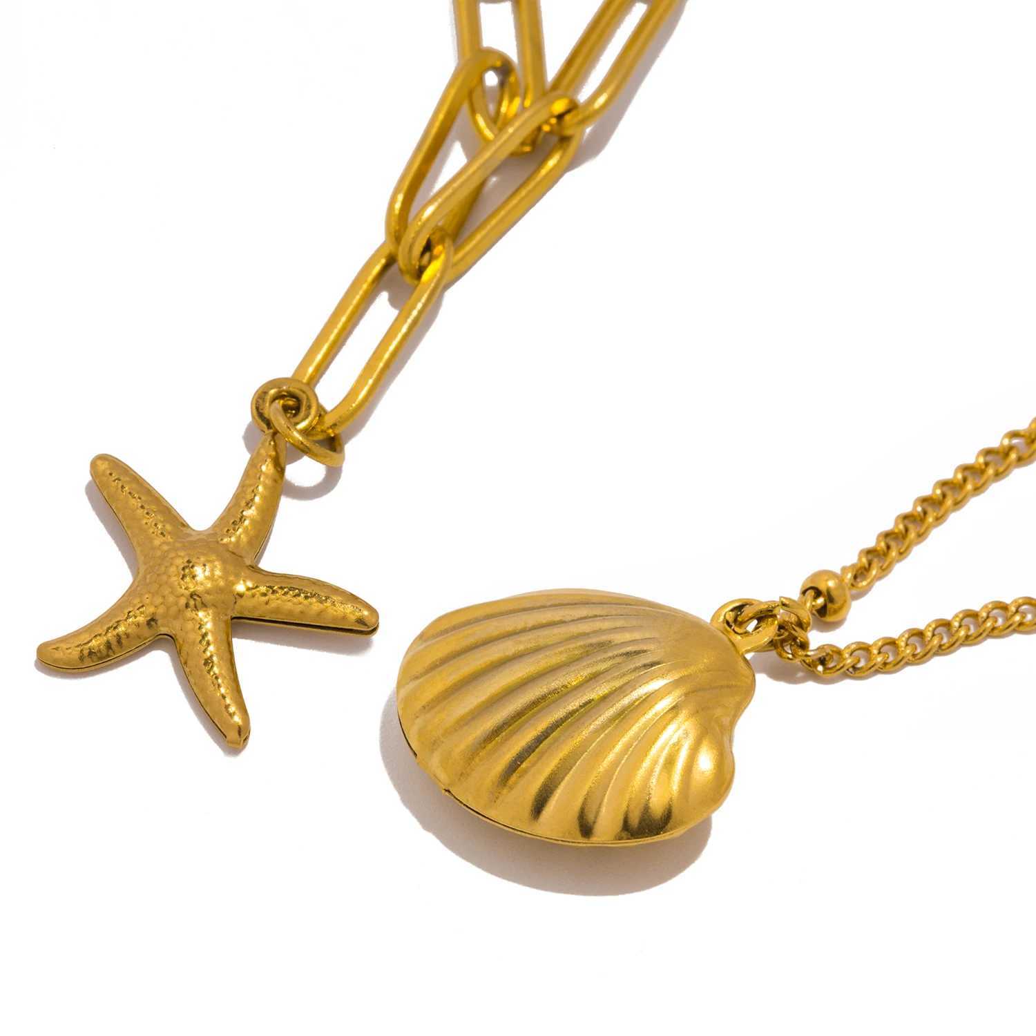 UHBINYCA Double Layered Chain Necklace for Women Summer Beach Seashell Starfish Pendant Stainless Steel Waterproof Jewelry W250616