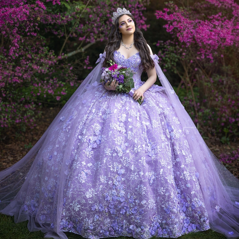 Lavender Shiny Quinceanera Dressess 2024 With Cape Applique Lace Beads Ball Gowns Sweet 16 Dress Vestidos De 15 Anos