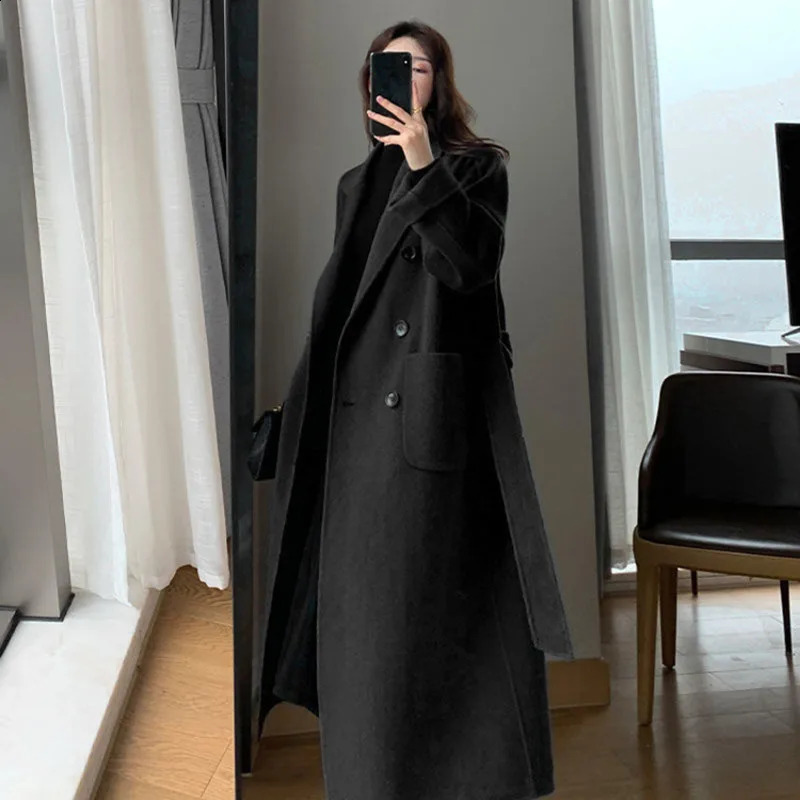 Autumn Winter Women Woolen Cloth Coat Warm Long Length Double Breasted Navy Blue Female Elegant Outerwear Loose Belt Overcoat 240729