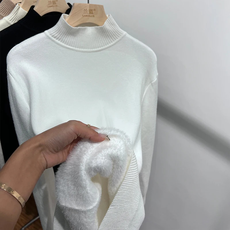 Womens Turtleneck Sweater Winter Retro Red with Velvet Lining Thickened Inner Wear Thermal Knitting Bottoming Shirt 240730