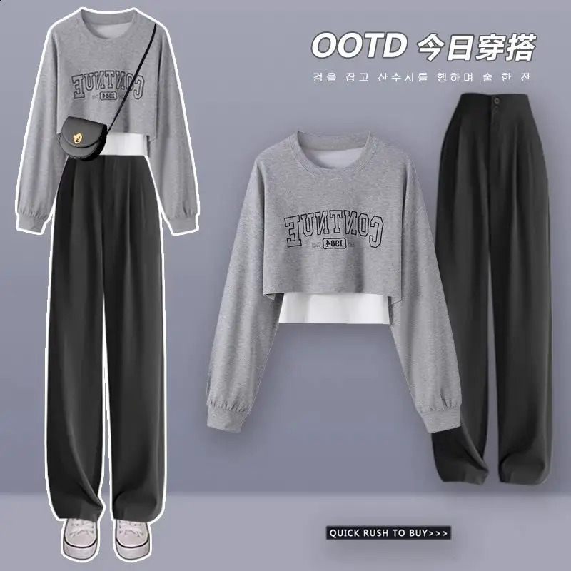 Fashion Womens Set Spring and Autumn Korean Edition Loose Short Top Casual Pants Age Reducing Two Piece Set 240731