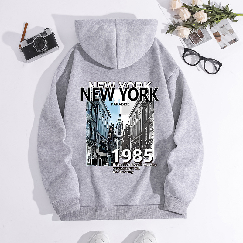 New York City Printed Hoodie for Autumn Winter, with Back Collar and Velvet, Women's Top F7.31#25