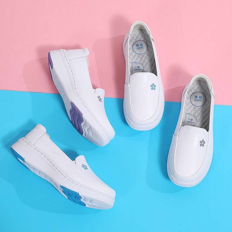 S Leather Ddmysports Nurse Hospital Work Women White Shoes Anti Slip And Breathable Thick Leather Soft Soled Flat Outdoor Shoes hoes lip oft oled hoes