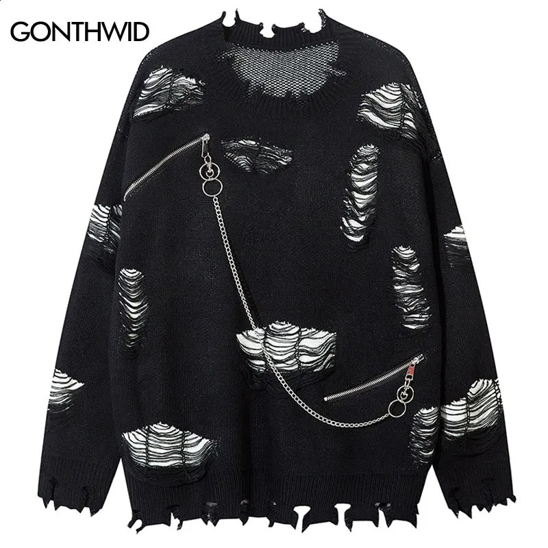 Vintage Oversized Sweater Y2K Grunge Knitted Ripped Hole Sweaters with Chain Hip Hop Punk Gothic Loose Zipper Jumpers Streetwear 240731