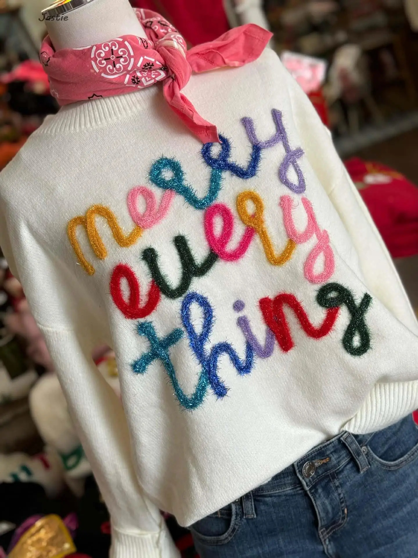 Womens Autumn And Winter Sweaters Thanksgiving Christmas Ribbon Embroidery Round Neck Loose Knit Women Sweater 240731