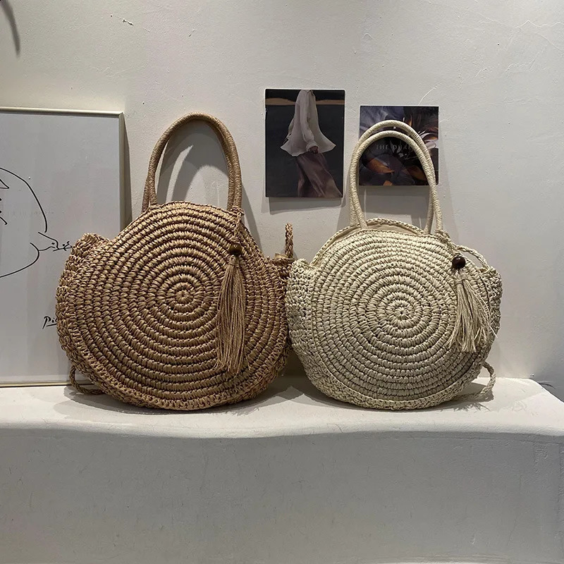 Fashion Straw Shoulder Bags for Women Round Rattan Handmade Woven Beach Bag Female Travel Large Capacity Shopper Tote Handbags 240821