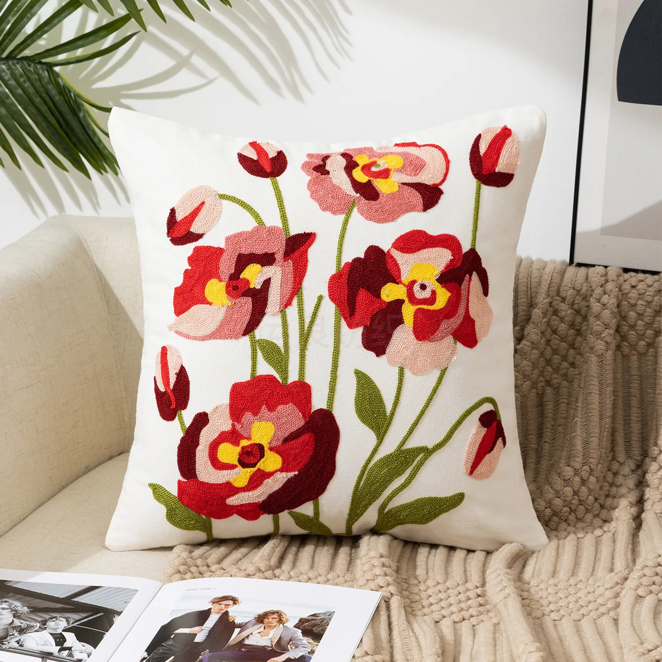Throw Pillow Cover Decorative Cushion Pastoral Style Home Living Room Sofa Embroidered Flower 240731