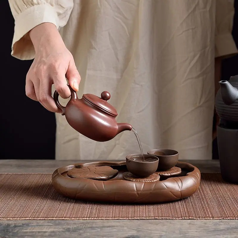 Kungfu Puer Tea Tray Rectangle Lotus Recruiting Wealth Black Tea Tray With Drainage Multifunctional Chinese Purple Sand Wooden 240730