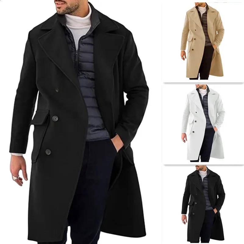 Mens Loose Cardigan Double Breasted Large Coat Autumn Winter Woolen Coat Mens Vintage Long Sleeve Lapel Pocket Woolen Coat 240812
