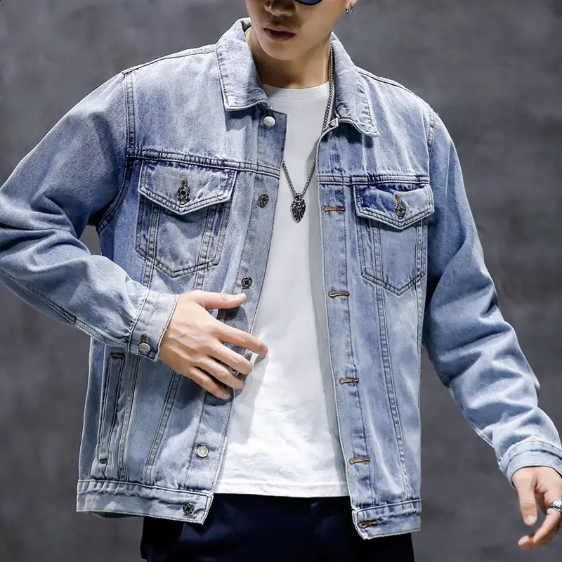 Mens Denim Jacket with Embroidery Male Jean Coats Blue Original Autumn Menswear Y2k Fashion Washed Joker Cowboy Large Size L G 240816