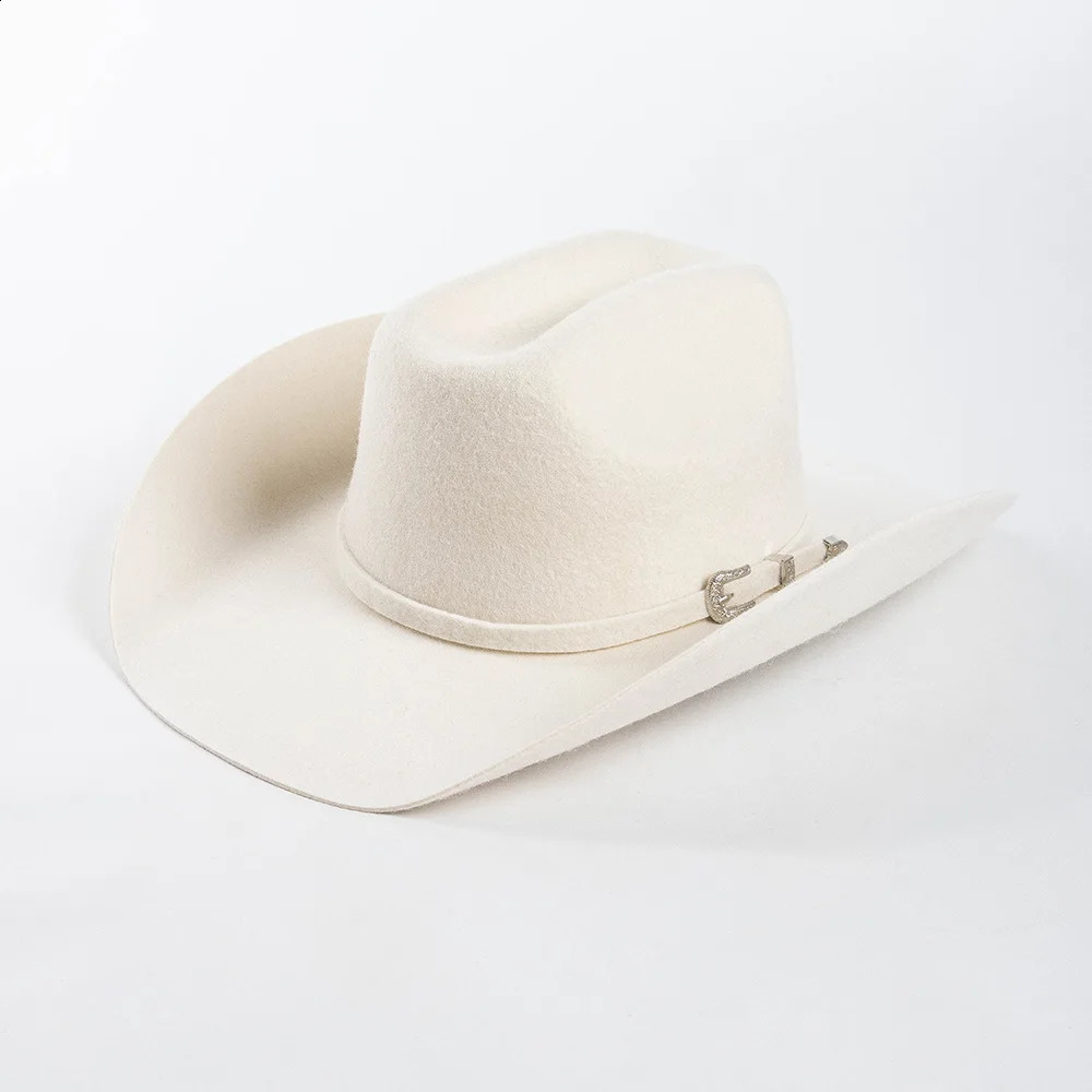 100% Wool Concave Shape Top Hat Fashion Belt Buckle Decorative Woolen Curling Wide Brim Fedora Hat Unisex Western Cowboy Hat 240718