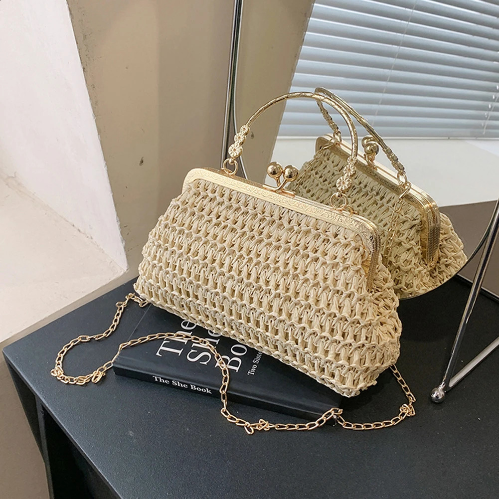 Grass Woven Bag Summer Female Chain Clutch Bag Simple Texture Dinner Party Handmade Casual Elegant Fashion Portable Evening Bag 240813