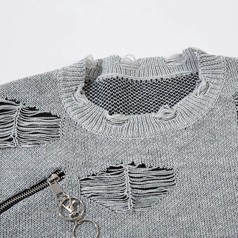 Vintage Oversized Sweater Y2K Grunge Knitted Ripped Hole Sweaters with Chain Hip Hop Punk Gothic Loose Zipper Jumpers Streetwear 240731