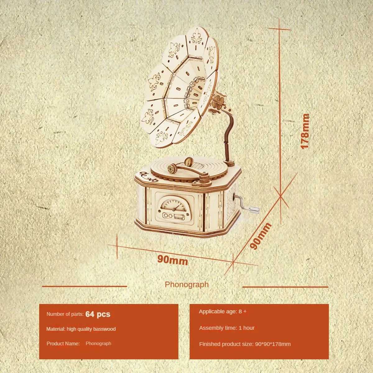3D Wooden Gramophone Music Box Puzzles Kits for Teen Adults Construction Models Set Toys DIY Assembling Machnical Gift To BuildM240731 - view 7