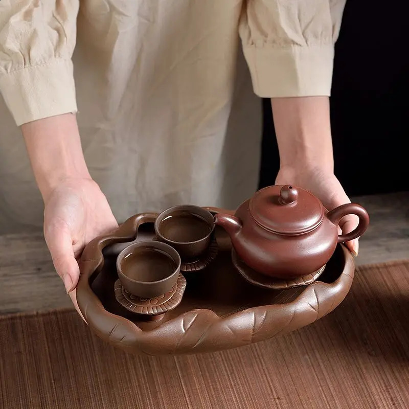 Kungfu Puer Tea Tray Rectangle Lotus Recruiting Wealth Black Tea Tray With Drainage Multifunctional Chinese Purple Sand Wooden 240730