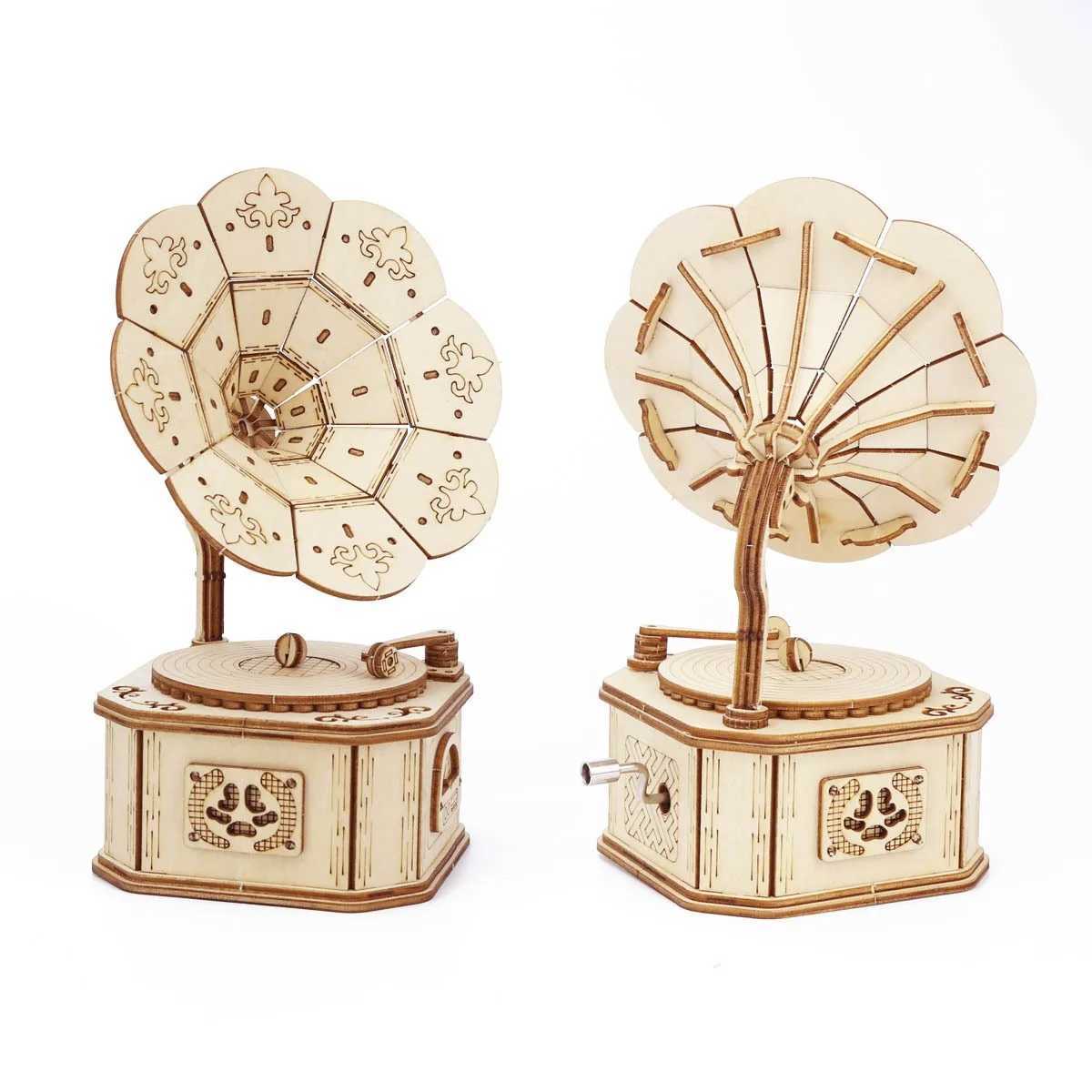 3D Wooden Gramophone Music Box Puzzles Kits for Teen Adults Construction Models Set Toys DIY Assembling Machnical Gift To BuildM240731 - view 3