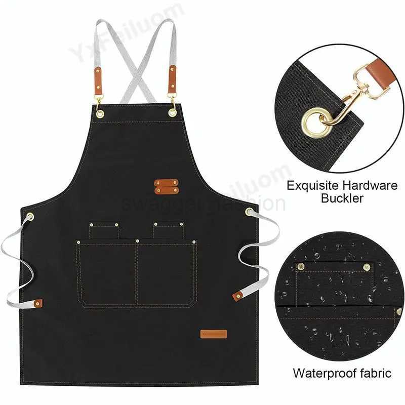 Waterproof Kitchen Apron For Women/Men With Pockets Work Mandil Cleaning Pinafore Restaurant Shop Waiter Work UniformXJ240731