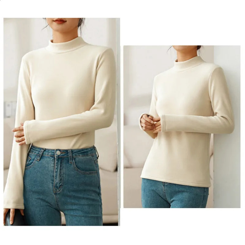 Winter Half High Collar Sweater Velvet Padded Bottom Shirt Women Thicken Long Sleeved TShirt Versatile Warm Cotton Jumper 240730