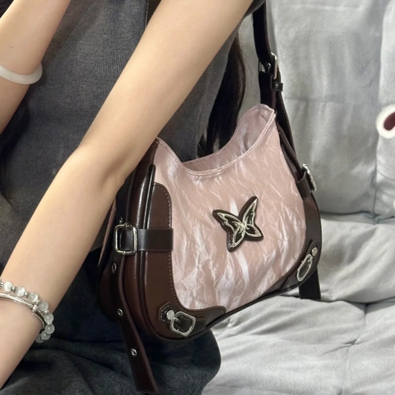 Y2k Womens Shoulder American Vintage Style Contrast Color Fashion Handbag Butterfly Haruku Pink Ladies Armpit Bag H731#26 ddmy 5c2e