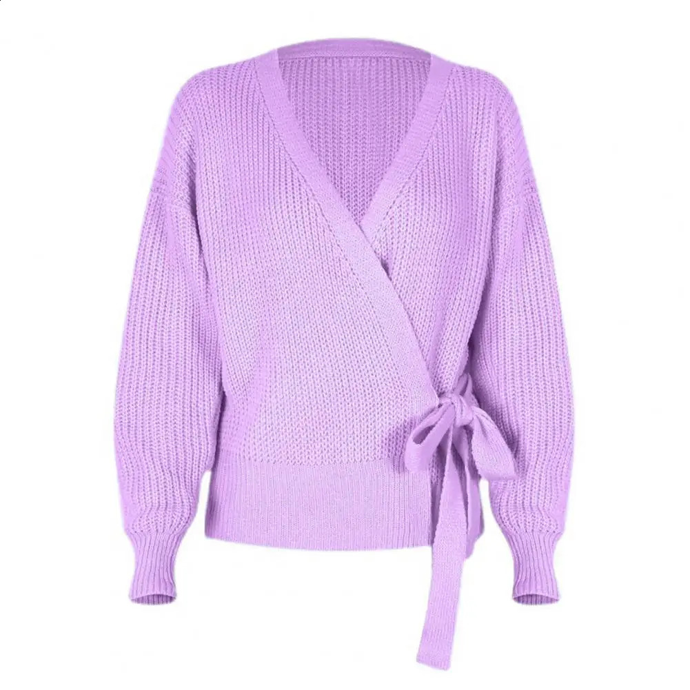 Spring Autumn Longsleeved Knitted Cardigan Fashion Vneck Wrap Top Temperament Laceup Sweater Women Elegant Bottoming Shirt 240730