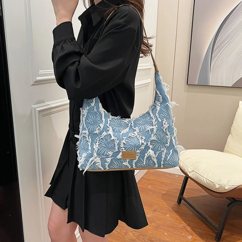 Denim Elegant Women Shoulder Bag Large Capacity Crossbody Bag Fashion Lady Versatile Travel Blue Hobo Handle Bag 240731