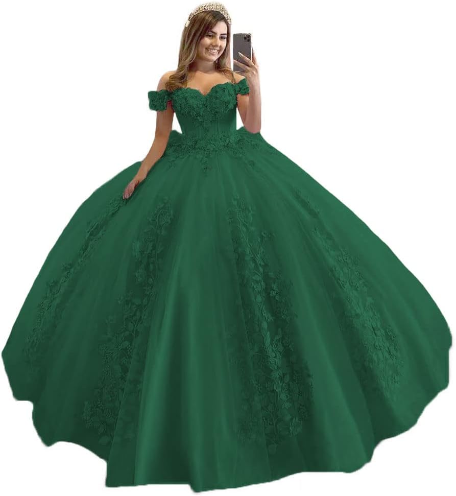 Off Shoulder Quinceanera Dresses 3D Flower Puffy Princess Sweetheart Ball Gown Lace Beaded Sweet 15 16 Debutante Party Birthday Vestidos De 15 Anos 94
