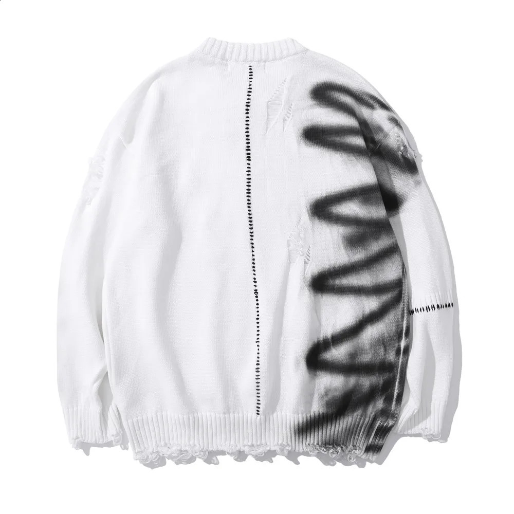 Arrival Graffiti Print Hole Ripped Gray Punk Men Knitted Sweater Hip Hop Knitwear Cotton Loose Retro Pullovers Sueter 240821