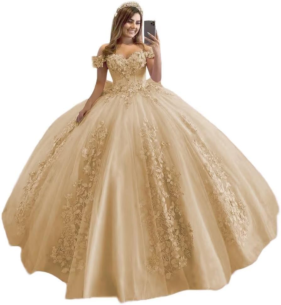 Off Shoulder Quinceanera Dresses 3D Flower Puffy Princess Sweetheart Ball Gown Lace Beaded Sweet 15 16 Debutante Party Birthday Vestidos De 15 Anos 94