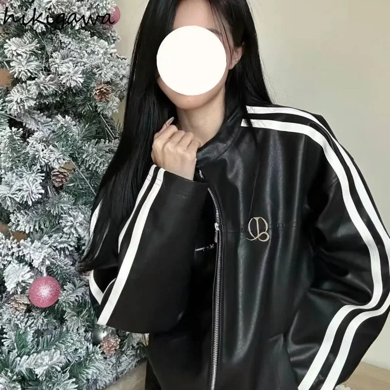 Streetwear Leather PU Jackets Vintage Chic Oversized Tops O-neck Long Sleeve Zipper Y2k Tops Casual Harajuku Black Coat 27t660 240723